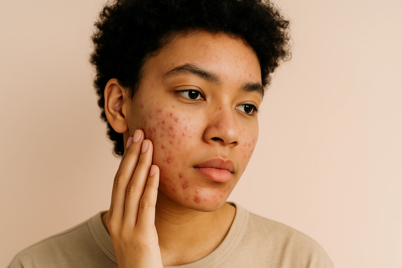 Primer plano de un rostro joven con acné leve