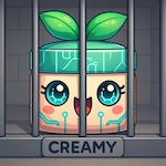 Creamy, la mascota de SkinCareAI, tras unos barrotes.