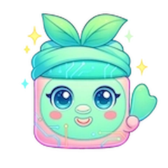 Ilustración de Creamy sosteniendo una piedra Gua Sha de cuarzo rosa con una sonrisa