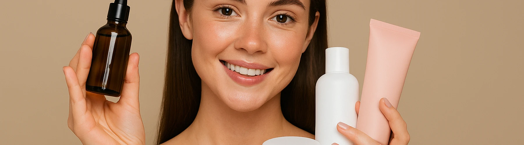 Banner horizontal: Mujer mostrando diferentes productos de skincare